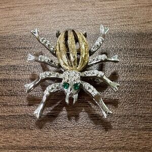 Vintage Gold & Silver‎ Tone Rhinestone Spider Brooch Green Eyes Halloween 1.5"
